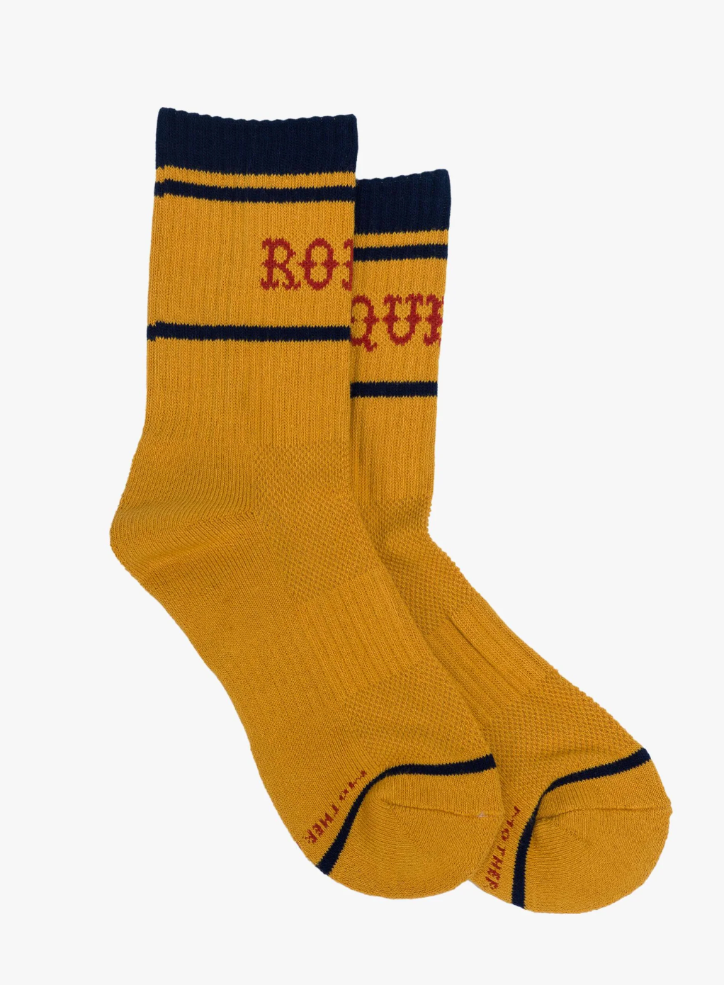 A pair of mustard yellow tube socks with navy blue stripes and the word "ROSTER" in red. These Baby Steps socks from Mother feature ribbed cuffs and are displayed against a white background.