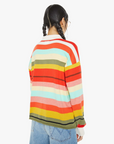 A person with braided hair stands with their back to the camera, wearing Mother’s "The Penalty Kick Rainbow," an oversized fit sweater featuring vibrant rainbow stripes of red, orange, blue, and green. Paired with light blue jeans against a plain white background, the colorful ensemble creates a striking visual.