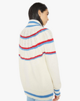 A person with long dark hair, wearing Mother’s cream alpaca "The Mock Neck Button Cardigan" adorned with blue and red stripes across the shoulders and sleeves, is turned away. They pair it with light blue jeans against a plain white background.