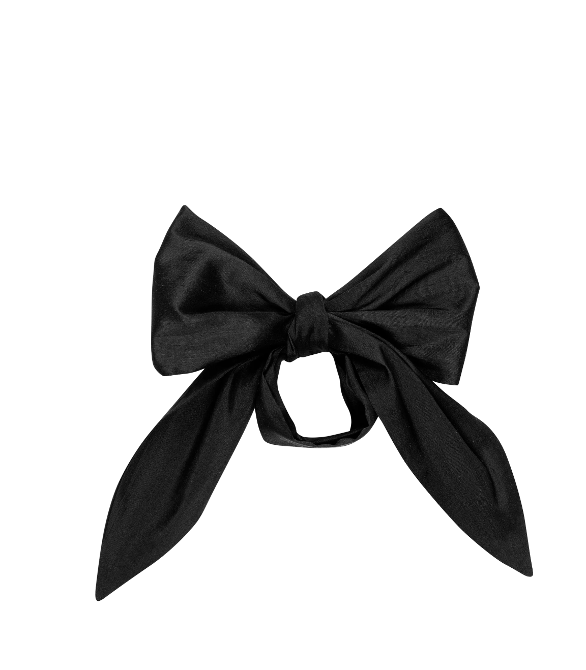 The Donni Taffeta Bow is a large, smooth-textured black bow with long ribbon tails, arranged symmetrically. This versatile accessory adds a stylish statement against a plain white background.