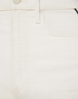 Close-up of the waistband and pocket of Mother’s The Half Pipe Ankle in Act Natural. The light beige denim showcases a cotton blend weave, with a top button and belt loop visible.