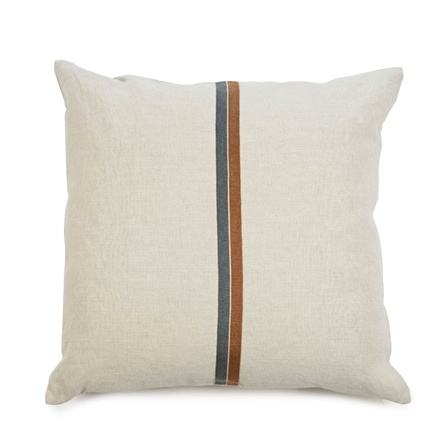 The Atlas Pillow by Libeco Home features light beige fabric with chic gray and brown vertical stripes, ideal for accentuating neutral tones in sofa layering.