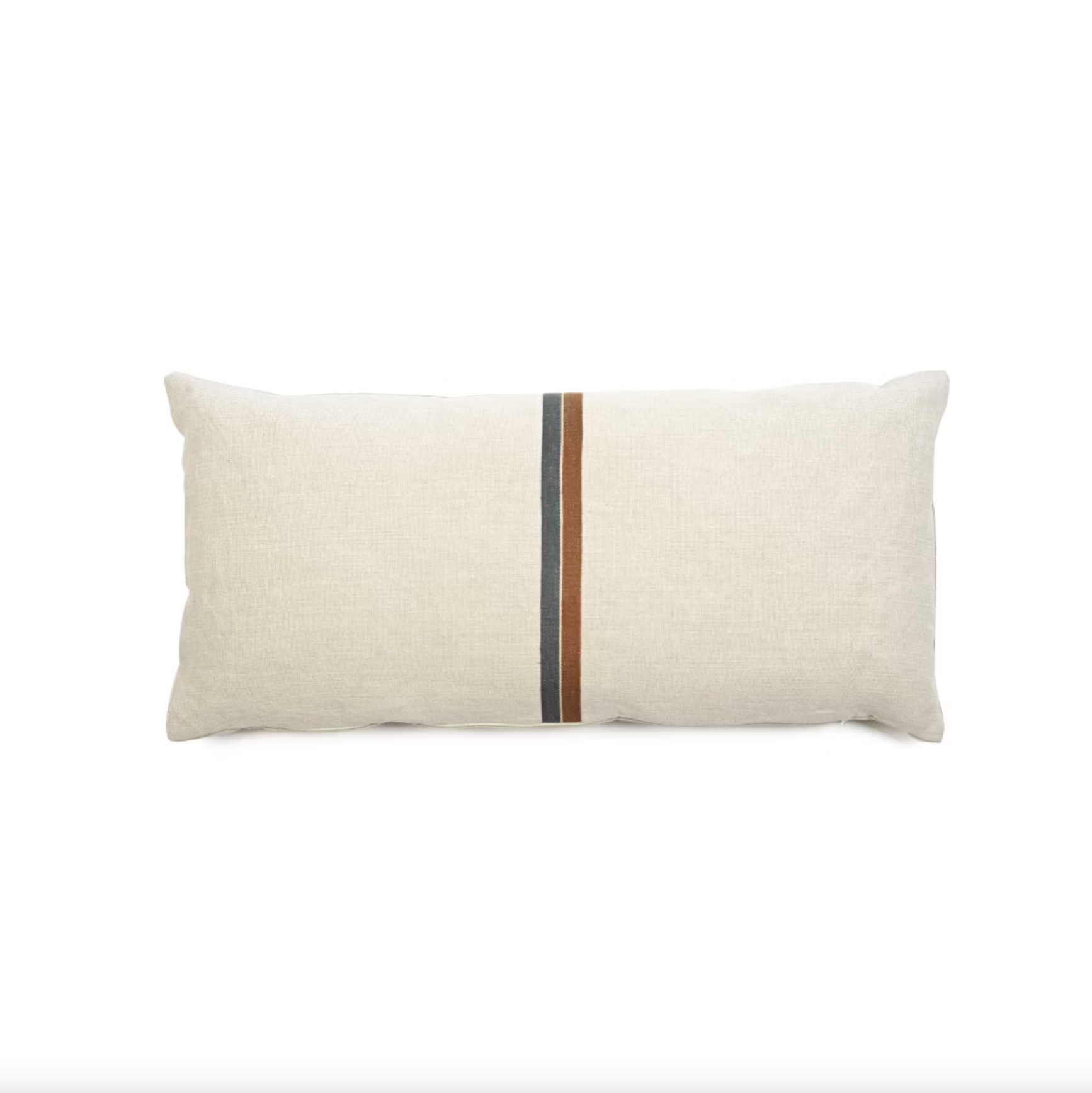 The Atlas Pillow by Libeco Home is a beige, rectangular throw pillow featuring a vertical black and brown stripe in the center, providing both comfort and support against a white background.