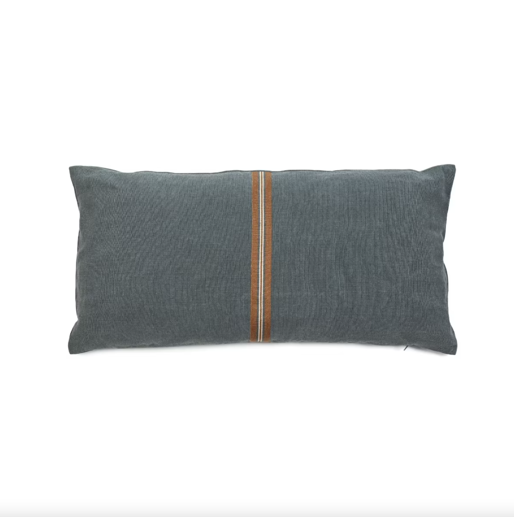 The Atlas Pillow by Libeco Home is a custom-made rectangular pillow with a luxurious dark gray design, featuring a single horizontal brown stripe on a white background.