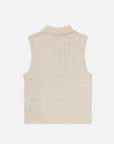 The FRAME Cable Knit Polo Vest features a beige cable-knit design with a high collar and ribbed hem, showcasing intricate stitchwork for a cozy and stylish monochrome look.