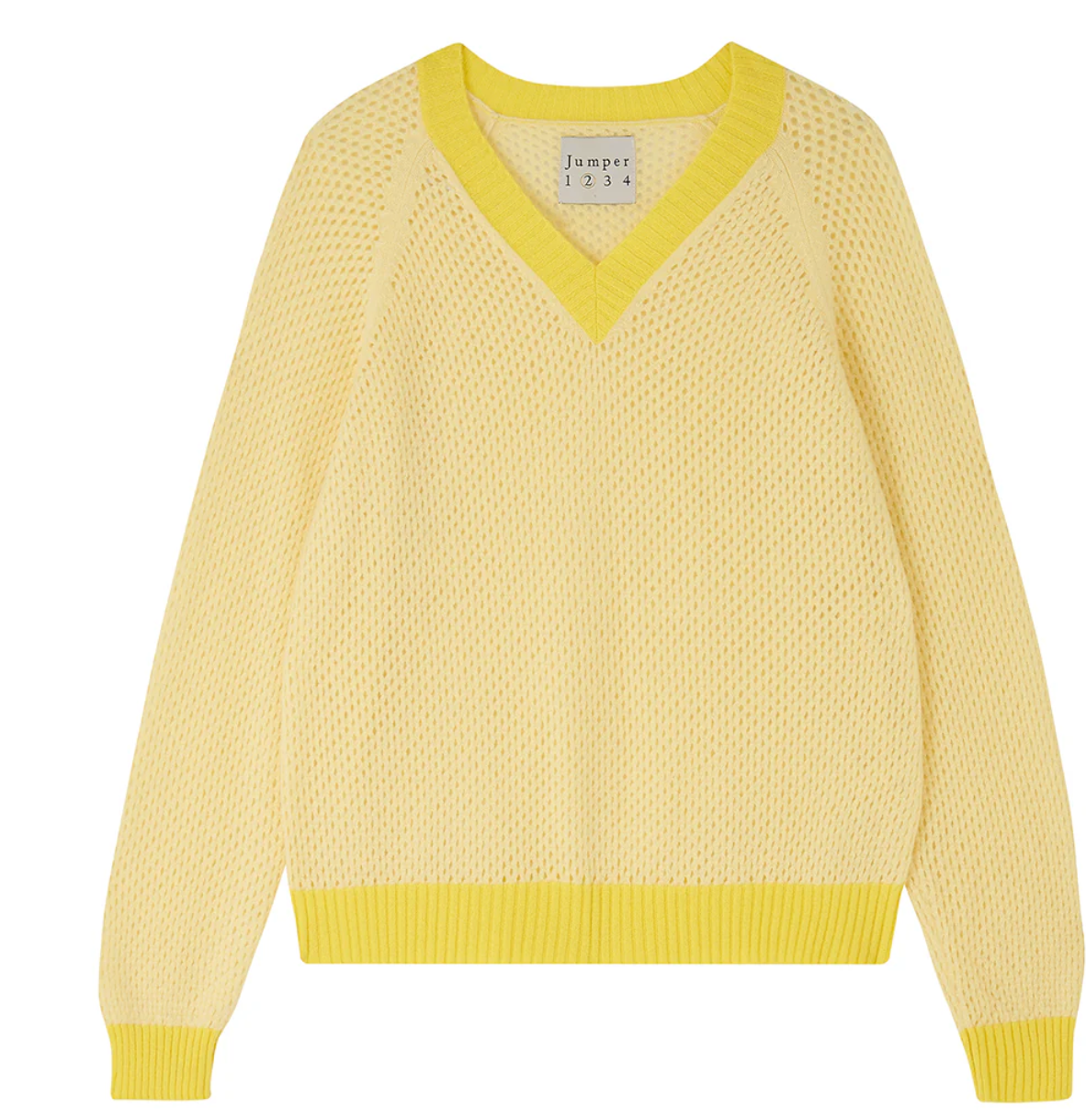 The Holey Contrast Vee by Jumper 1 2 3 4/CR2 is a yellow cashmere jumper with a V-neck, long sleeves, and brighter yellow trim on the collar, cuffs, and hem. It features an oversized fit with a textured, airy weave.