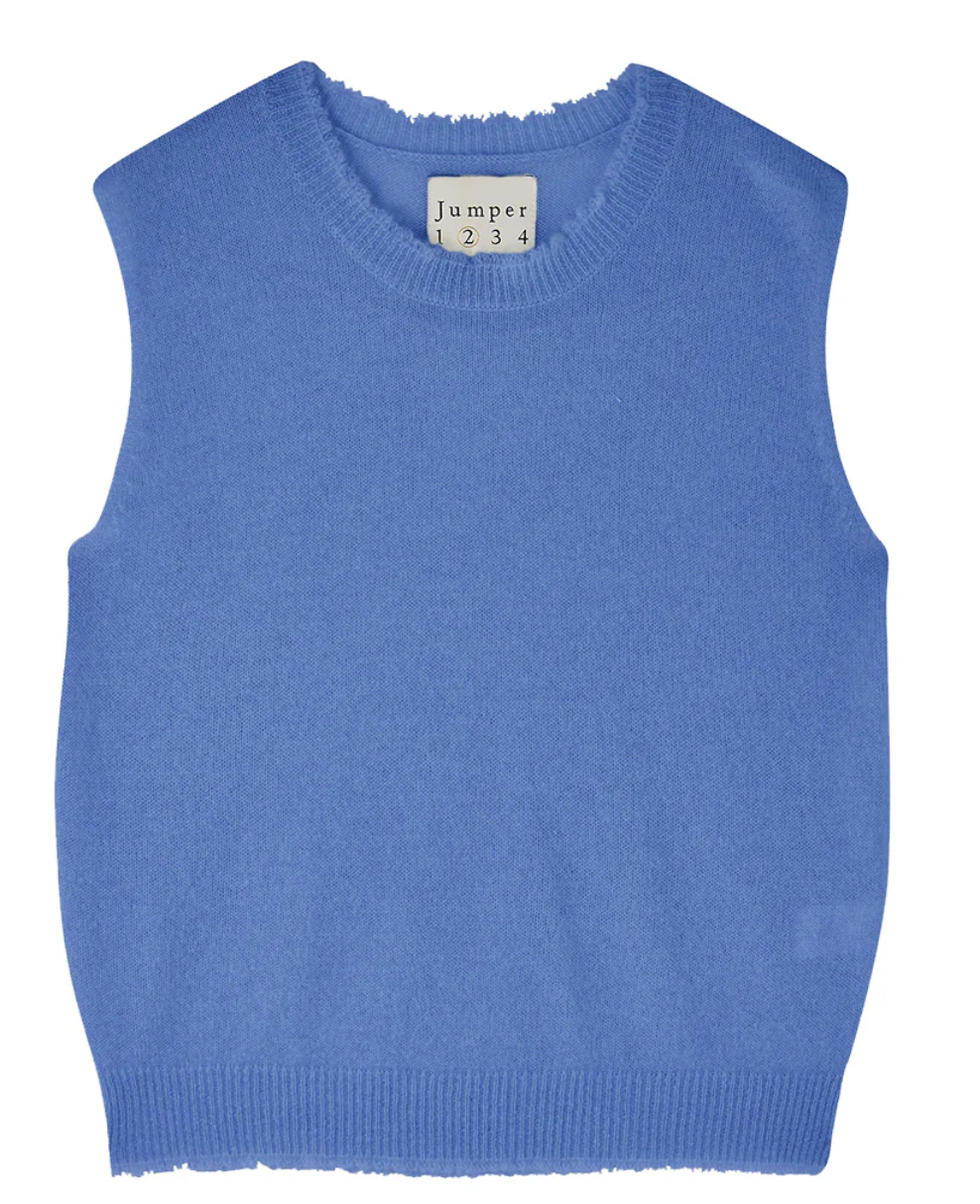 A sleeveless distressed tank in blue knit cashmere featuring a round neck and ribbed hem, labeled "Jumper 1 2 3 4/CR2.