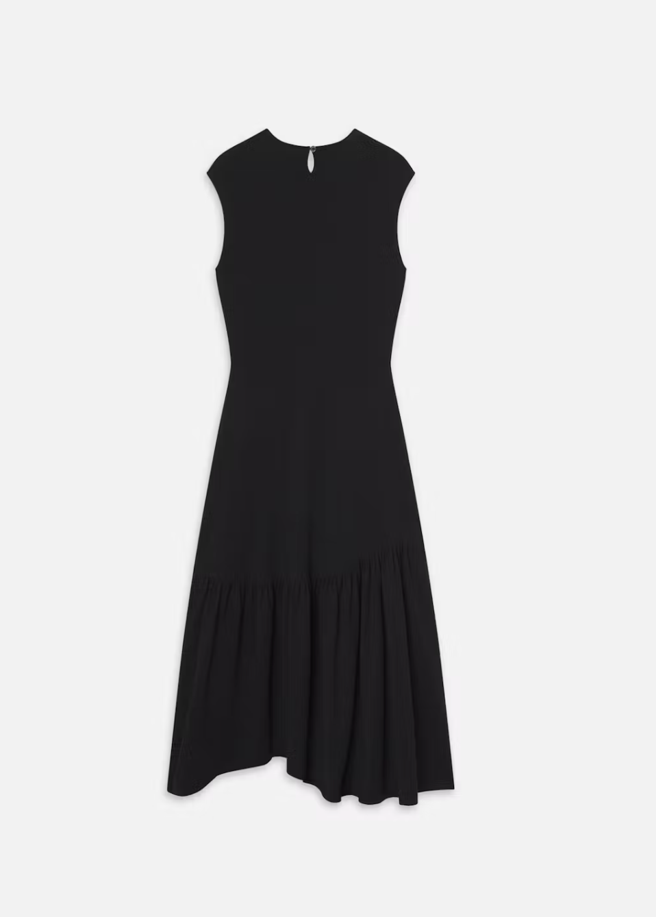 The Gathered Tank Dress by FRAME is a black, sleeveless piece with a high neckline and an empire waist, featuring an elegantly gathered asymmetric hem, displayed against a plain white background.