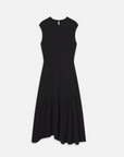 The Gathered Tank Dress by FRAME is a black, sleeveless piece with a high neckline and an empire waist, featuring an elegantly gathered asymmetric hem, displayed against a plain white background.