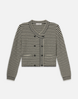 The Court Cardi by FRAME is a black and white striped cardigan with long sleeves, a V-neckline, black buttons, two front pockets, and a textured knit pattern.