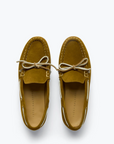 Top view of Freda Salvador's MORGAN Loafers in brown suede, featuring white stitching and tan laces on a light background. These loafers blend Italian leather craftsmanship with a classic boat shoe design, showcasing rounded toes and decorative lace details.