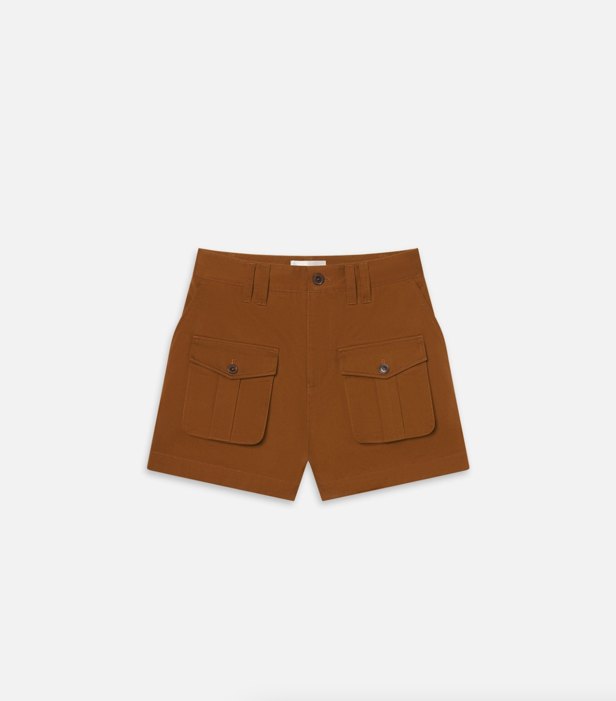 The Scout Short by FRAME features a white background and brown high-rise design, crafted from 100% cotton. It includes two front flap button-secured pockets, a classic button closure waistband with belt loops, offering breathable comfort and timeless style.