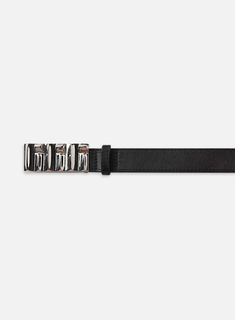 Introducing The Sculptural Belt by FRAME: a black leather masterpiece with a standout buckle, adorned with silver rectangular metal accents. This sustainable and artful design offers sleek sophistication against a plain white background.