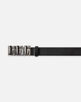 Introducing The Sculptural Belt by FRAME: a black leather masterpiece with a standout buckle, adorned with silver rectangular metal accents. This sustainable and artful design offers sleek sophistication against a plain white background.