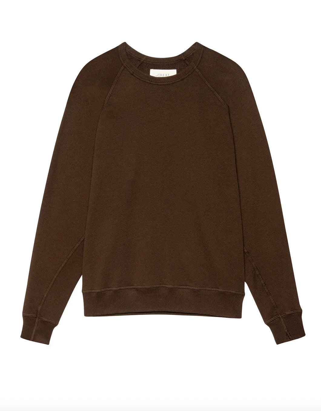 The Great Inc. "The College Sweatshirt" in dark brown, featuring a plain, long-sleeved crewneck vintage design, is laid flat on a white background.