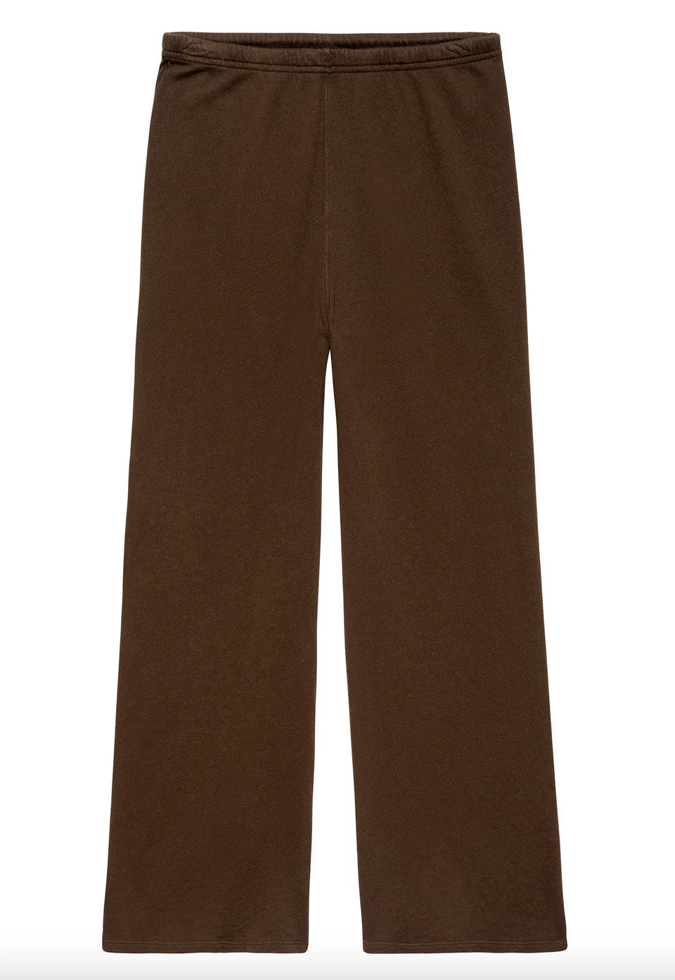 The Lap Sweatpant by The Great Inc. is a pair of brown, wide cropped sweatpants with an elastic waistband, made in Los Angeles and displayed flat on a white background.