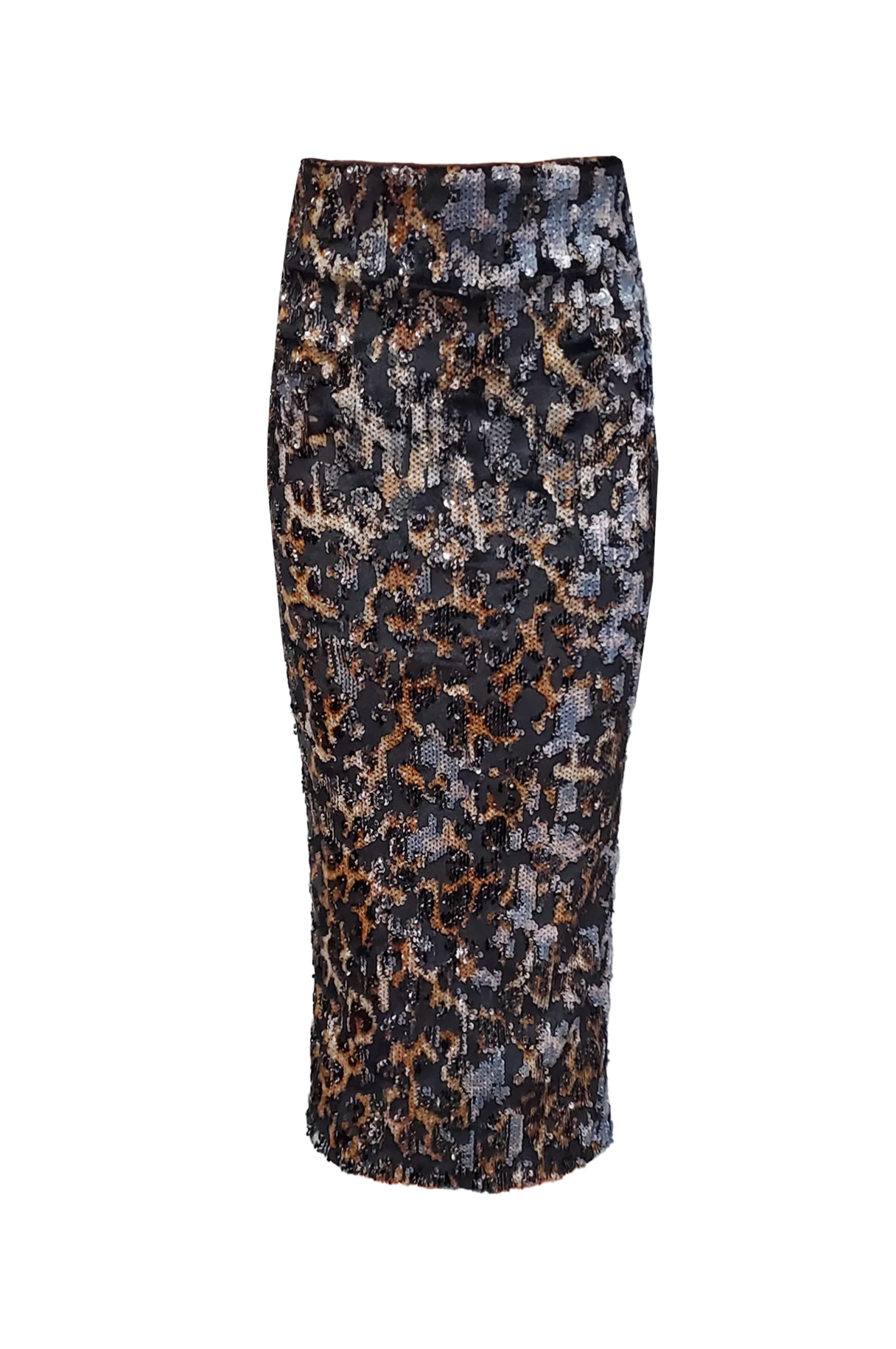 The Liza Skirt by Le Superbe is a high-waisted, knee-length midi skirt adorned with black, gold, and silver leopard print sequins.