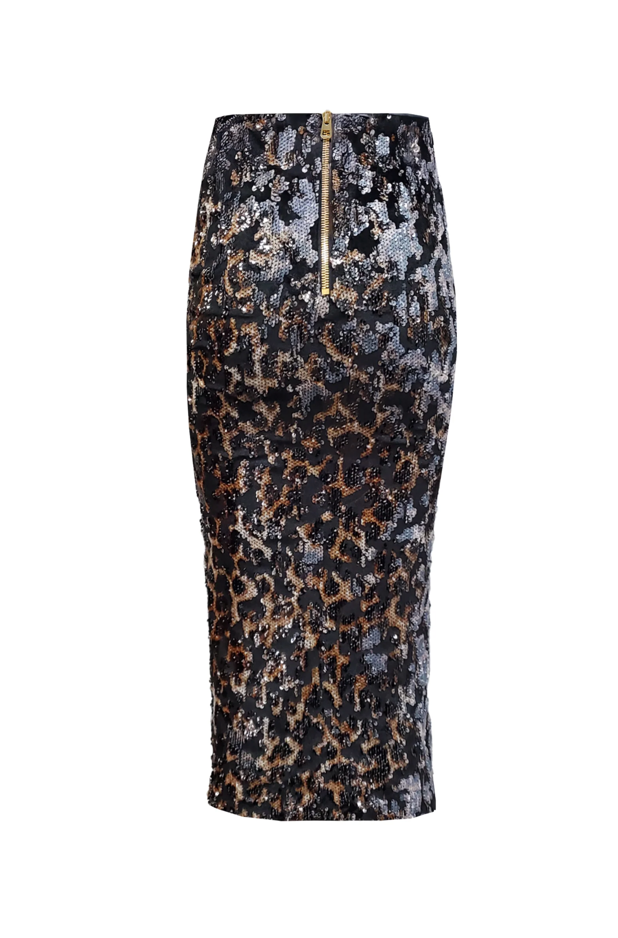 The Liza Skirt by Le Superbe is a knee-length, sequin midi skirt in black, silver, and gold leopard print with a visible gold back zipper—the ultimate standout party piece.