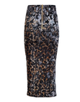 The Liza Skirt by Le Superbe is a knee-length, sequin midi skirt in black, silver, and gold leopard print with a visible gold back zipper—the ultimate standout party piece.