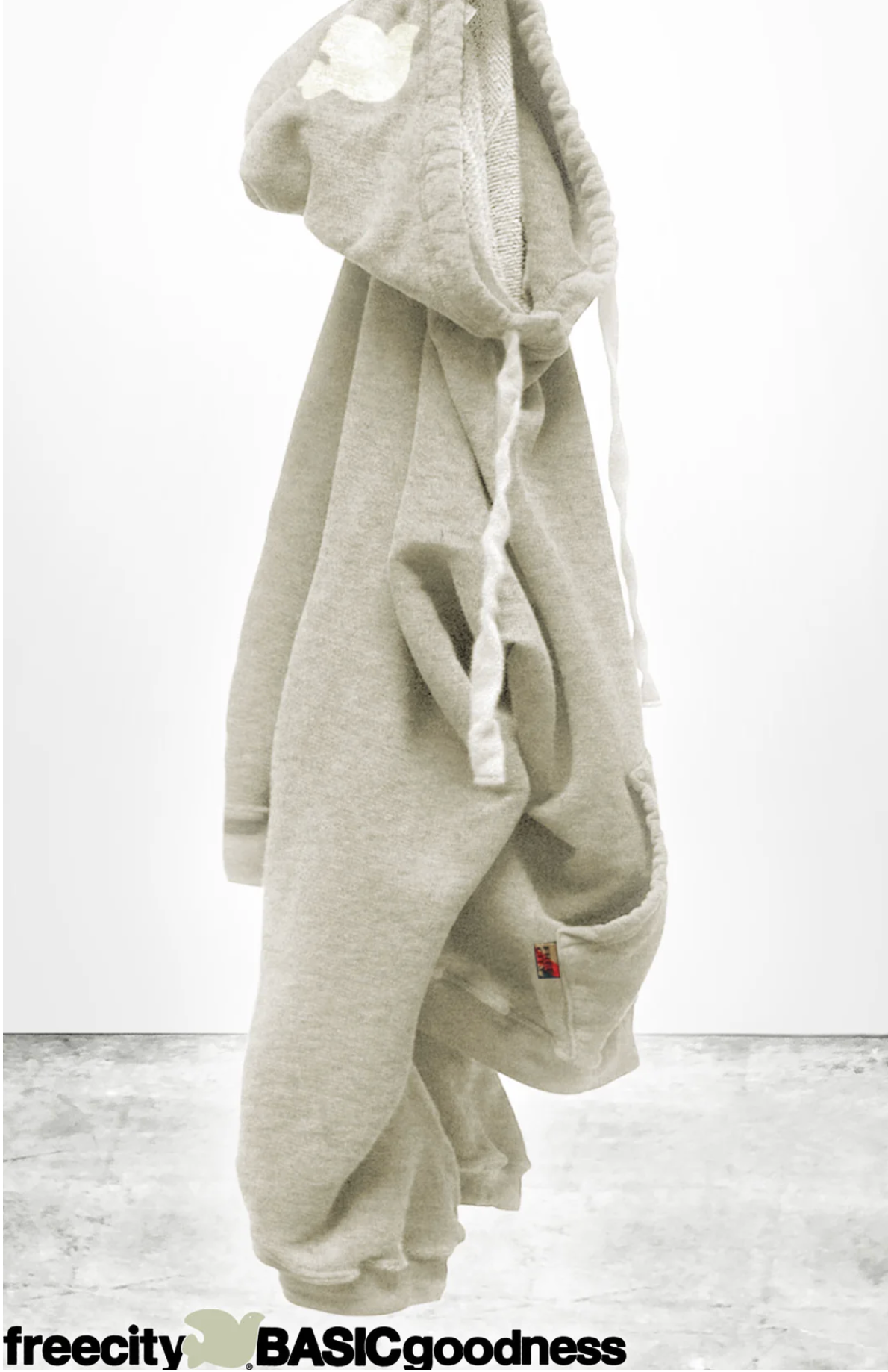 A light gray BASIC GOODNESS HOODIE by Free City (sparrow, LLC) with a hood and white drawstrings hangs against a plain white background. The bottom displays "freecity BASICgoodness." This oversized pullover is made in the USA.