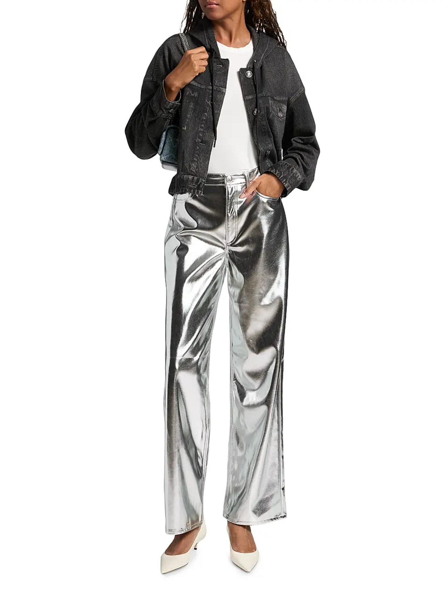 Someone in a Rag & Bone miramar terry hood trckr jckt, white top, shiny silver metallic wide-leg pants, and white pointed-toe heels stands against a white background.
