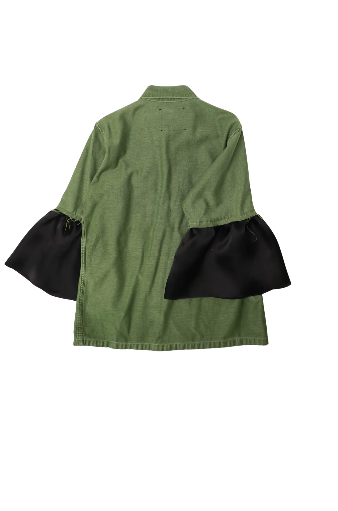 The Hooper Suiting Cuff Army Jacket by Aquarius Cocktail features a green vintage cotton design, large flared ruffle cuffs, and designer sleeve buttons, shown from the back against a white background.