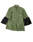 The Hooper Suiting Cuff Army Jacket by Aquarius Cocktail features a green button-up design, designer buttons, chest pockets, and statement black flared sleeves with ruffle cuffs.