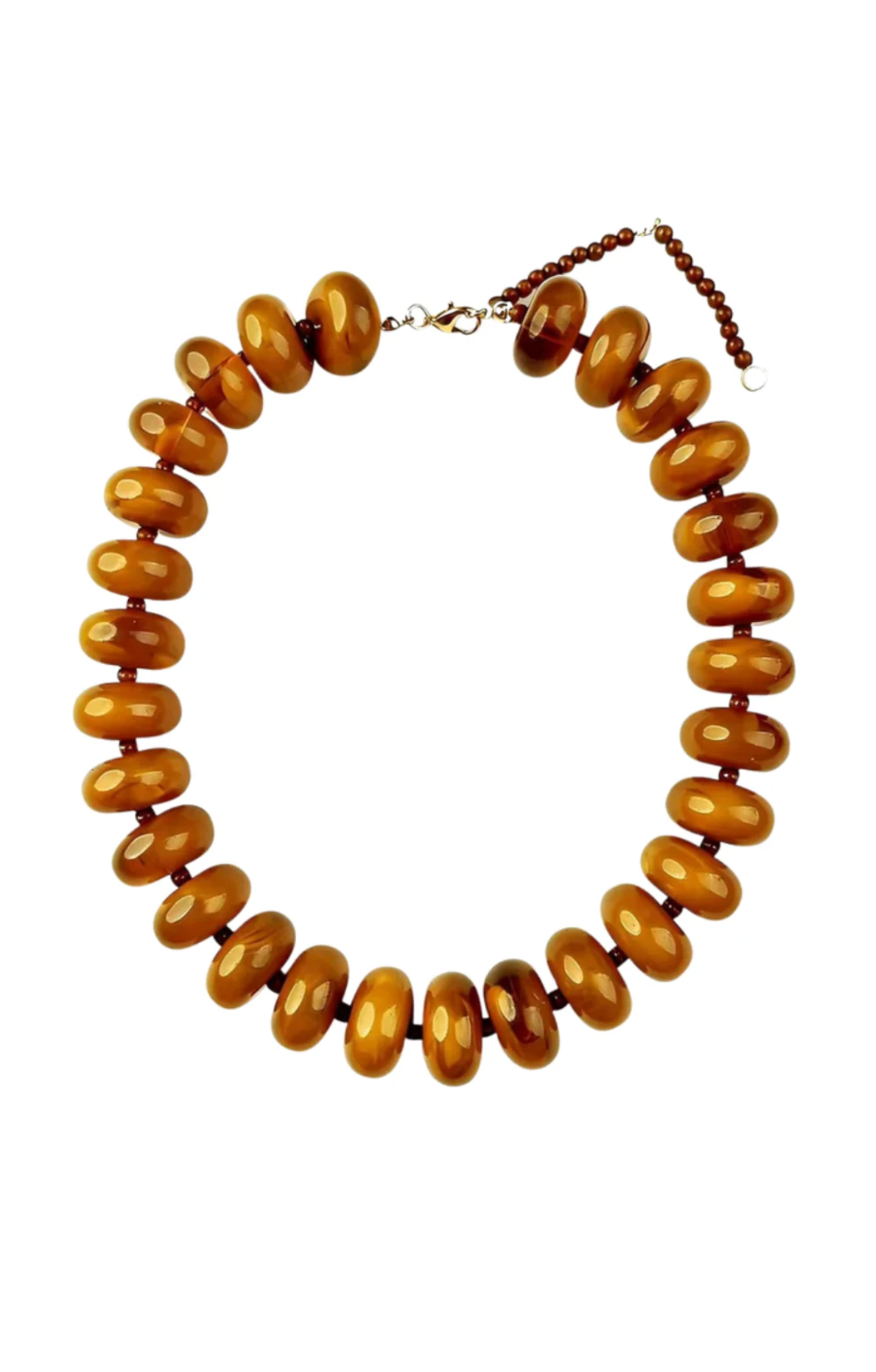 The Faire Bailey Chunky Beaded Necklace features large, glossy amber-brown beads strung closely together and includes an adjustable clasp with a small extension chain.