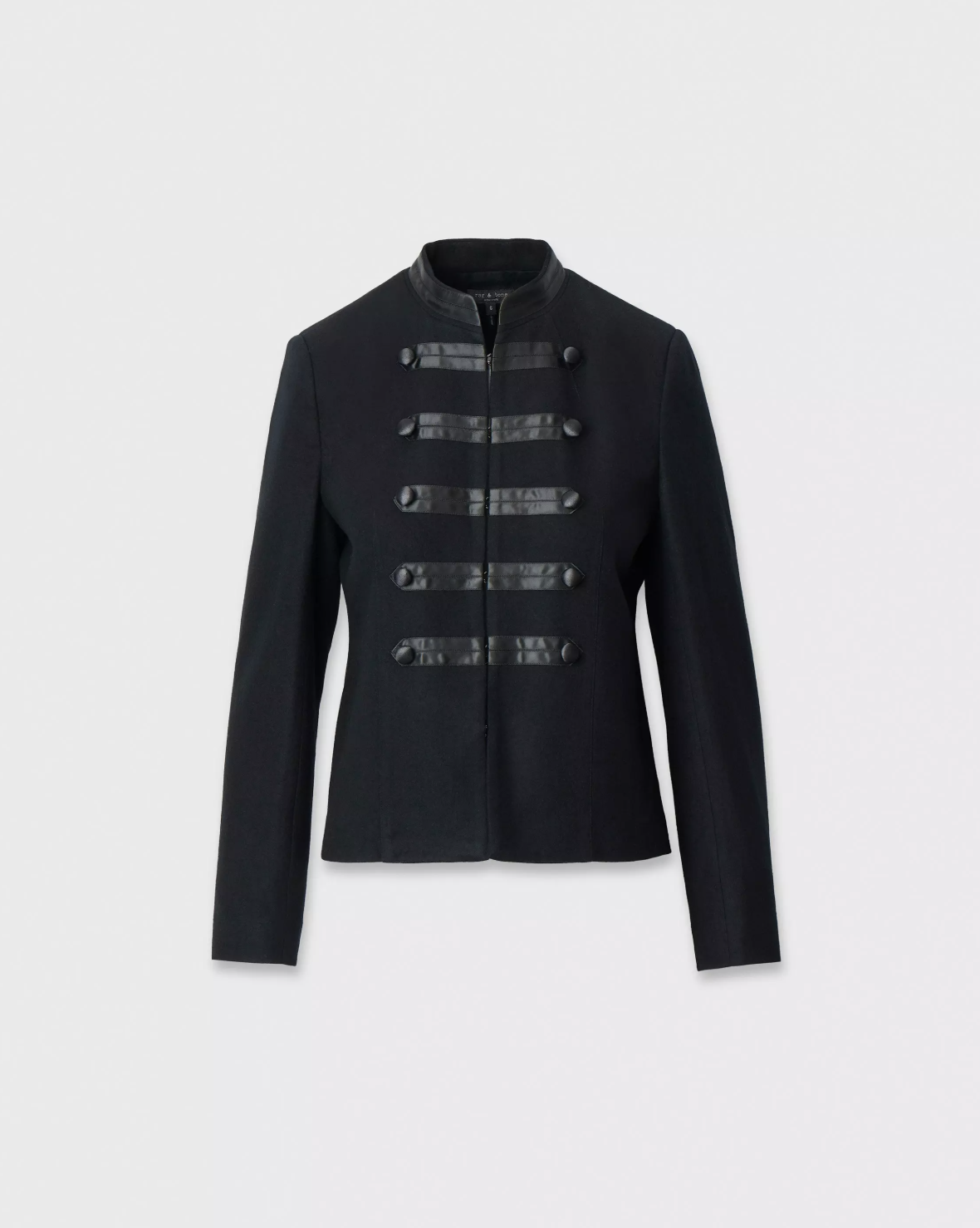 Black high-collar blazer with shiny accents and stylish buttons by Rag &amp; Bone, Mercer Regalia collection.