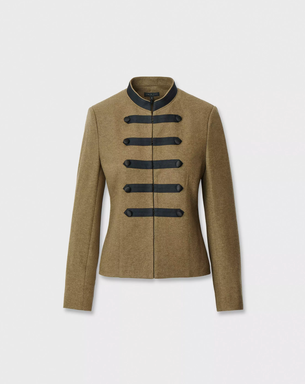 Brown Napoleon-style blazer with black trim and stand-up collar by Rag &amp; Bone, Mercer Regalia collection.