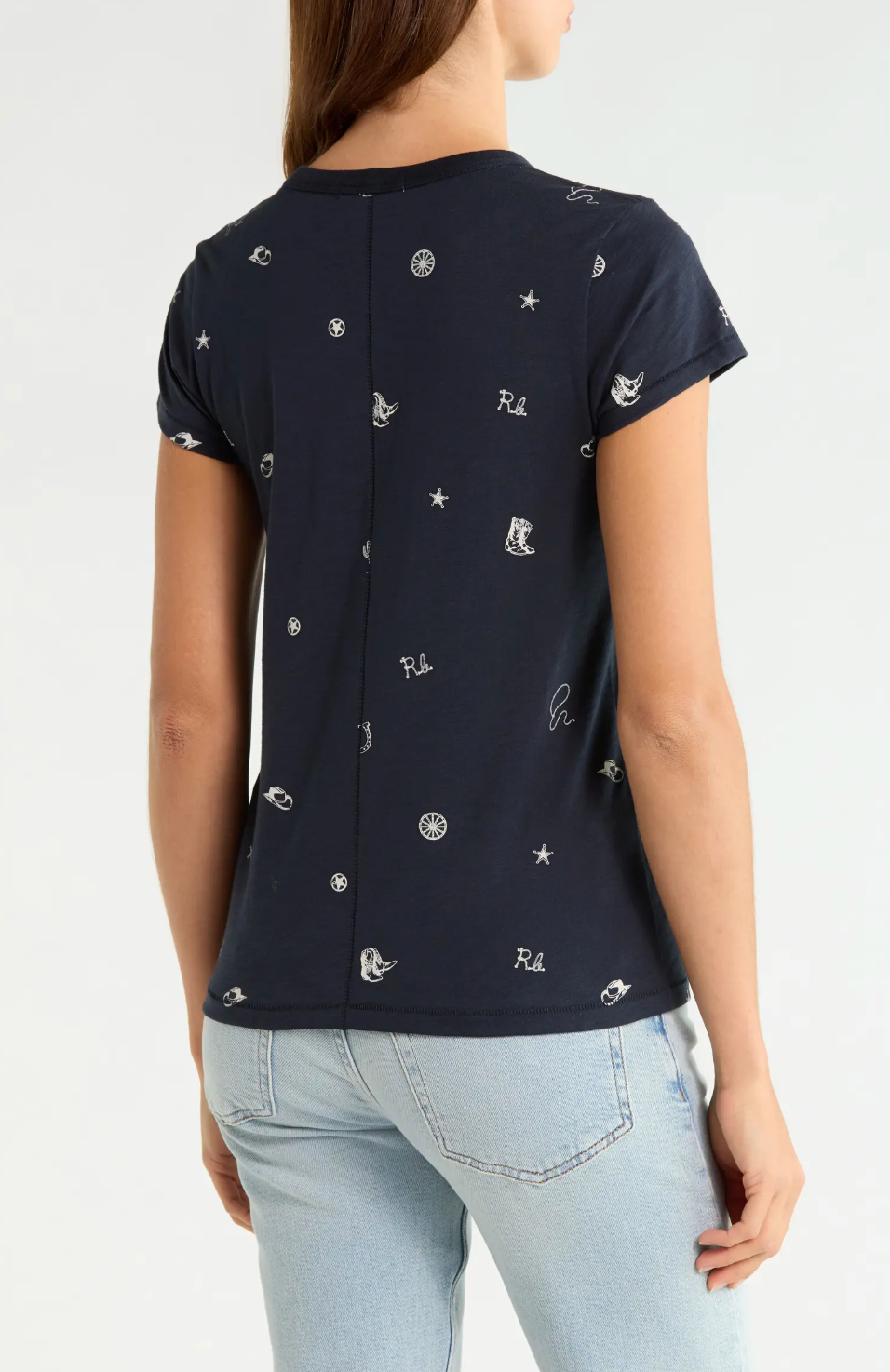 Navy Rag &amp; Bone rodeo tee with white embroidery, styled with light blue jeans, shown from the back.