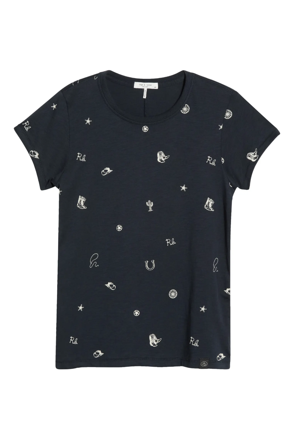 Navy blue tee with small white embroidered icons, Rag &amp; Bone Rodeo style at Bungalow Furniture &amp; Accessories.
