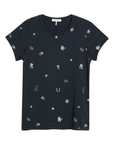 Navy blue tee with small white embroidered icons, Rag & Bone Rodeo style at Bungalow Furniture & Accessories.