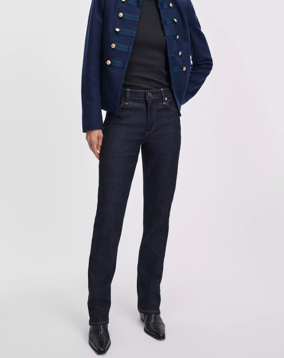 Rag &amp; Bone Sutton Cigarette Jean styled with black top and navy blazer, polished and timeless look.