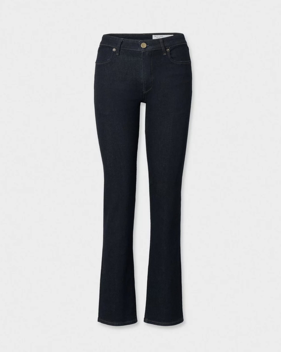 Dark blue mid-rise vintage stretch denim jeans with front pockets and button closure, Rag &amp; Bone Sutton Cigarette Jean.