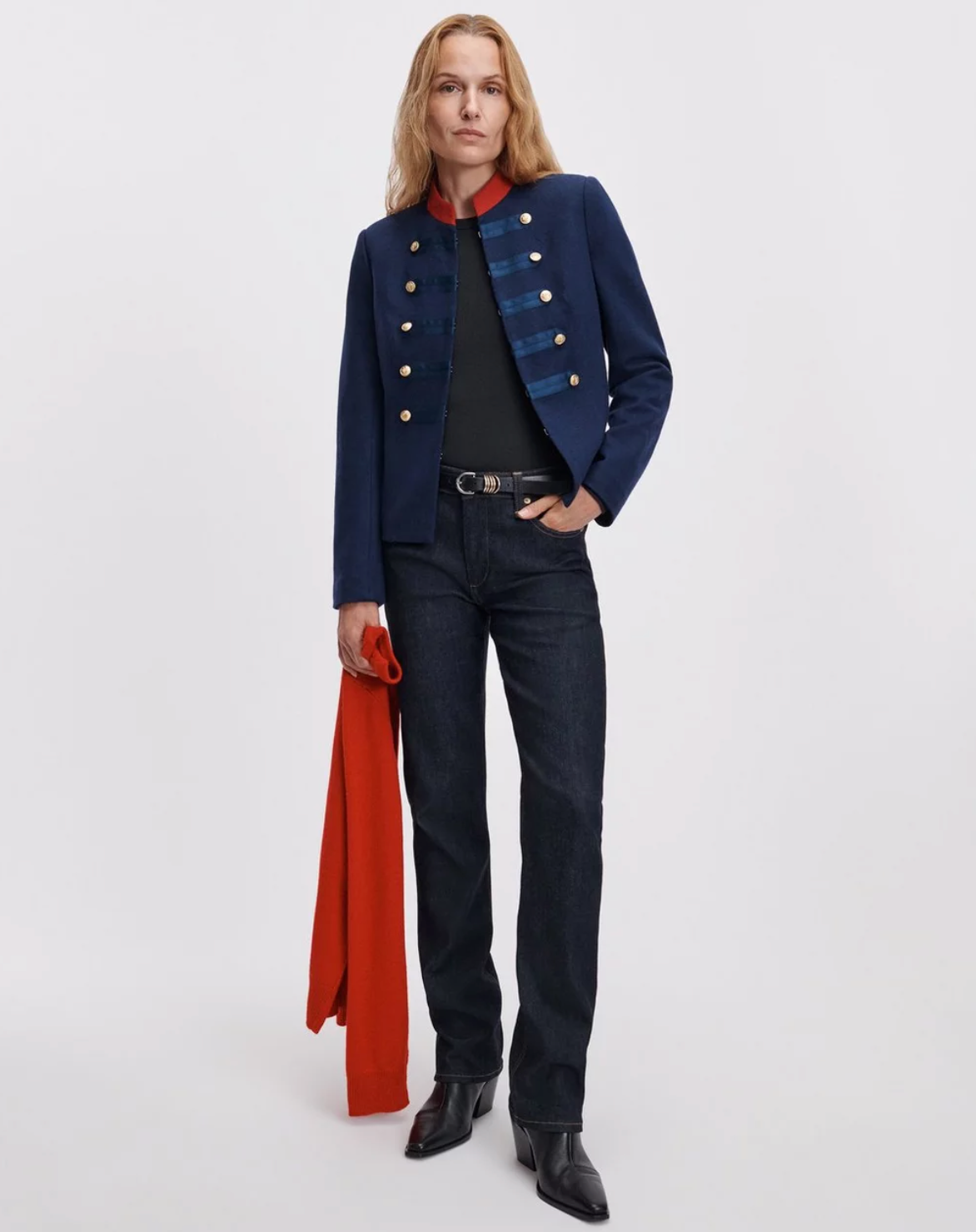 Rag &amp; Bone Sutton Cigarette Jean in classic denim styled with a blue military jacket and black shirt, red scarf accessory.