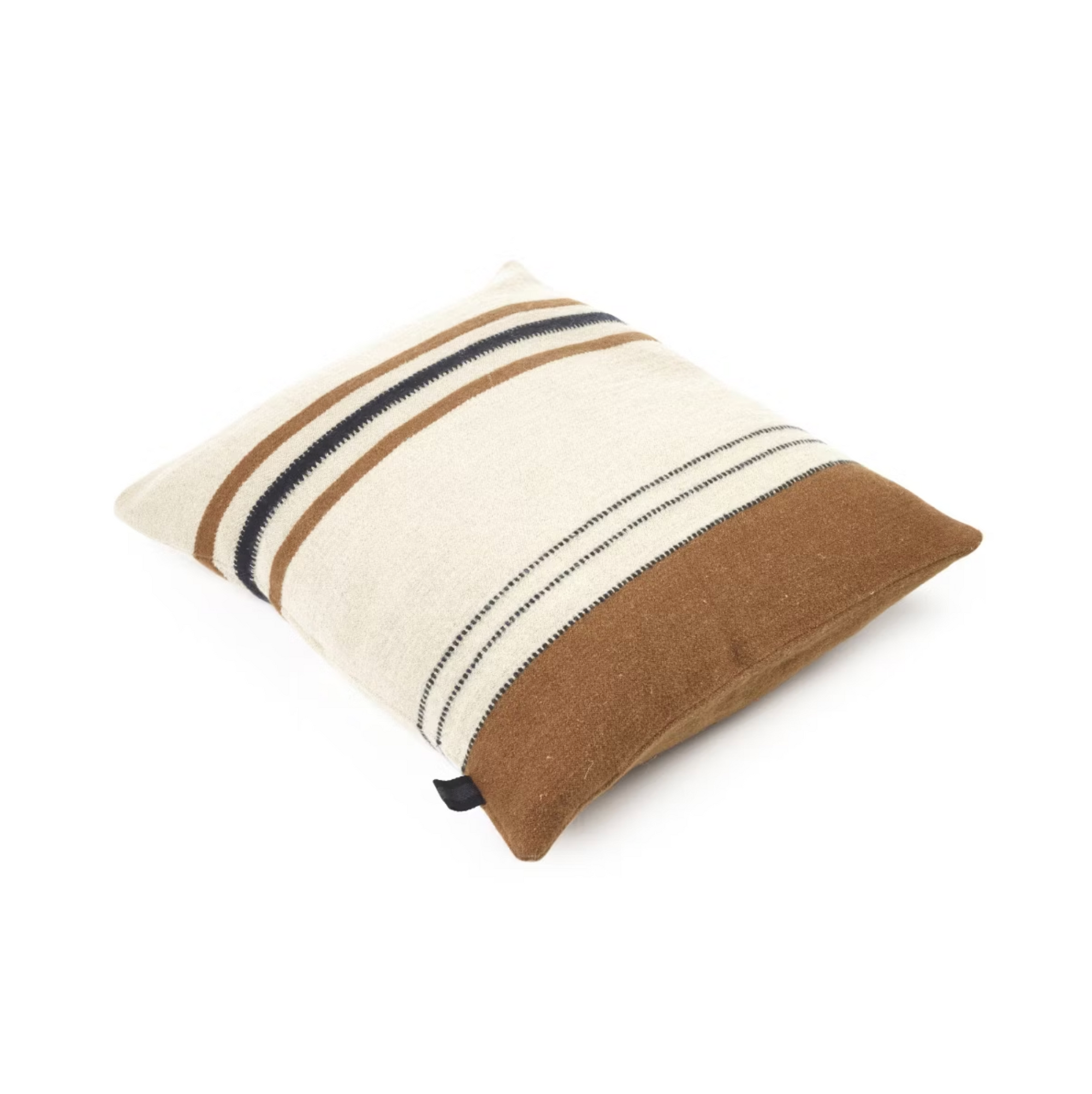 The Foundry Pillow by Libeco Home, a rectangular beige cushion with brown and black horizontal stripes crafted from wool yarns, is displayed on a white background.