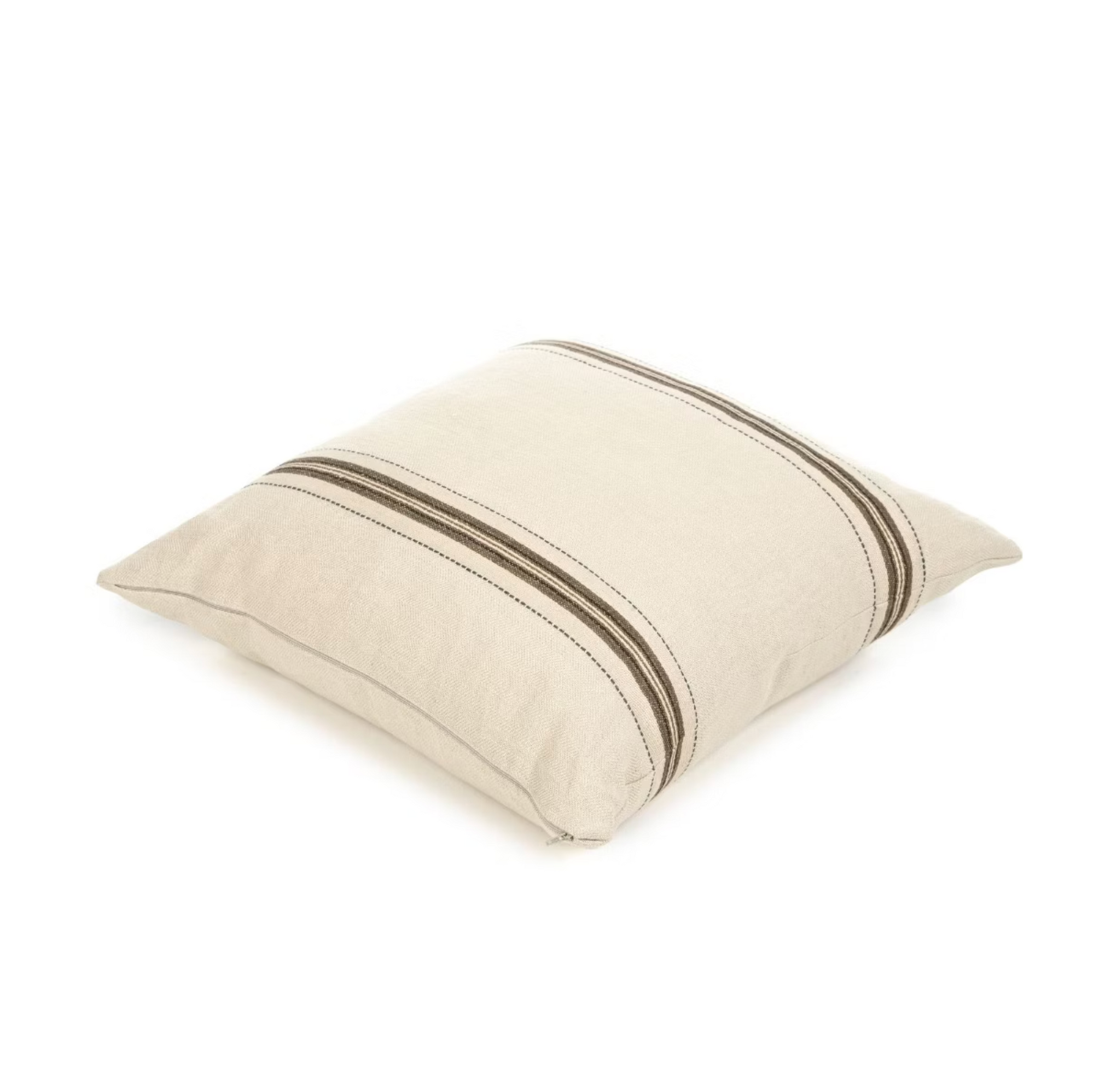 The Libeco Home Vourkari Pillow is a square beige cushion with a zipper closure, featuring two dark brown horizontal stripes and a thin central stripe on a white background.