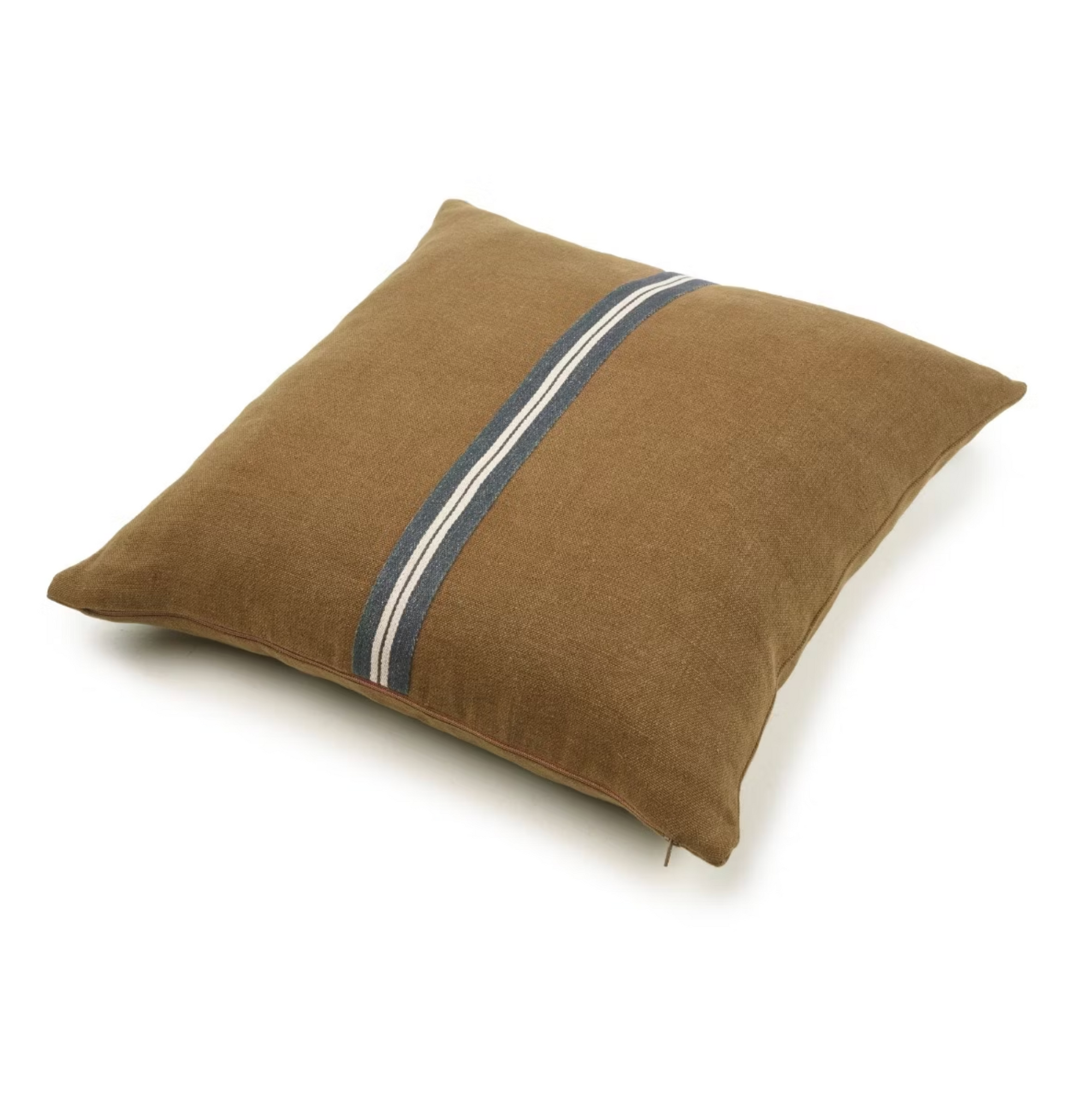 The Libeco Home Miles Pillow, a square brown throw pillow in warm oak with a blue and white vertical center stripe, is shown on a white background.
