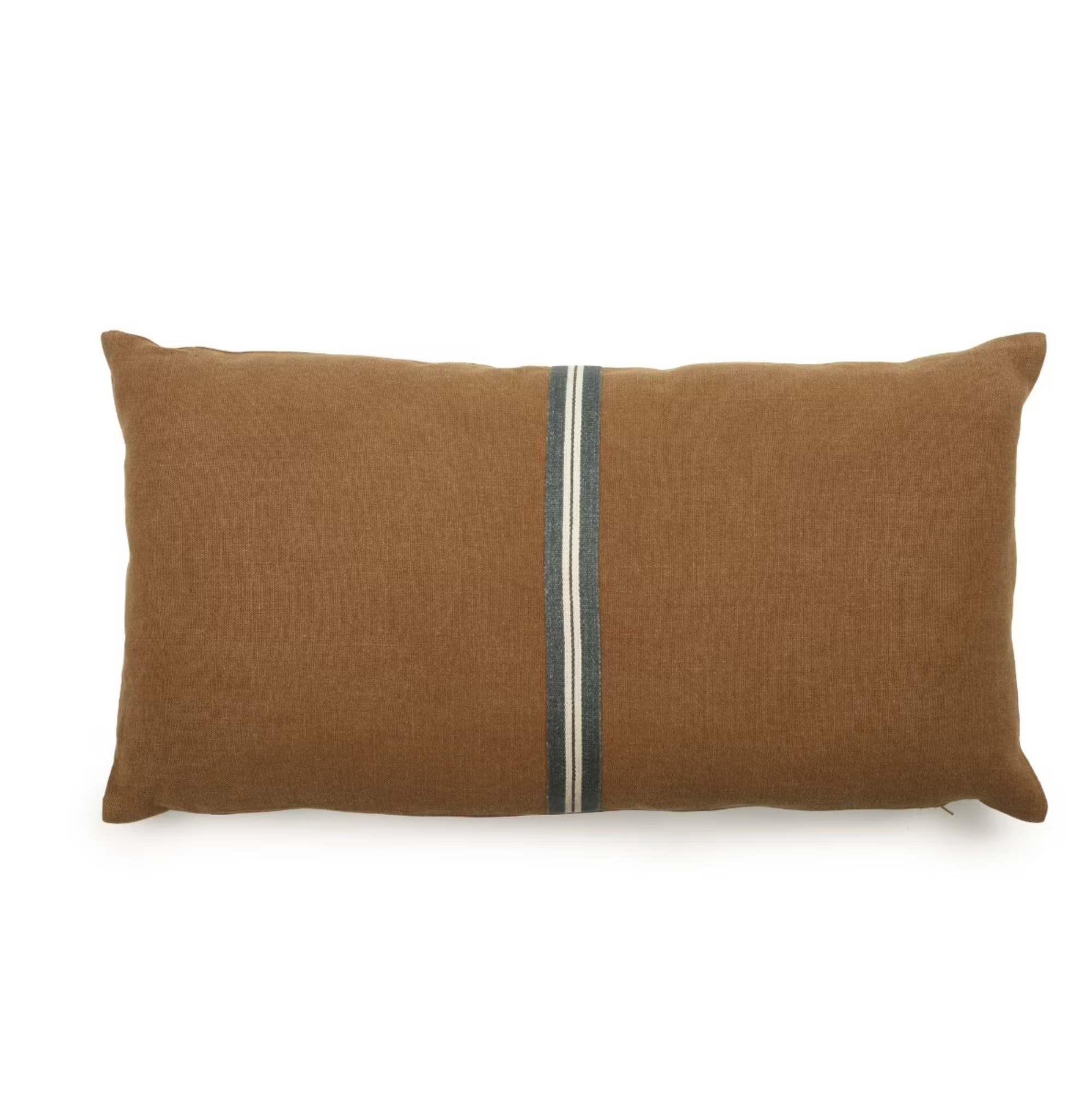 The Miles Pillow by Libeco Home features a rectangular oak color design with a central dark blue and white vertical stripe, shown on a white background—an ideal stylish addition to any pillow collection.