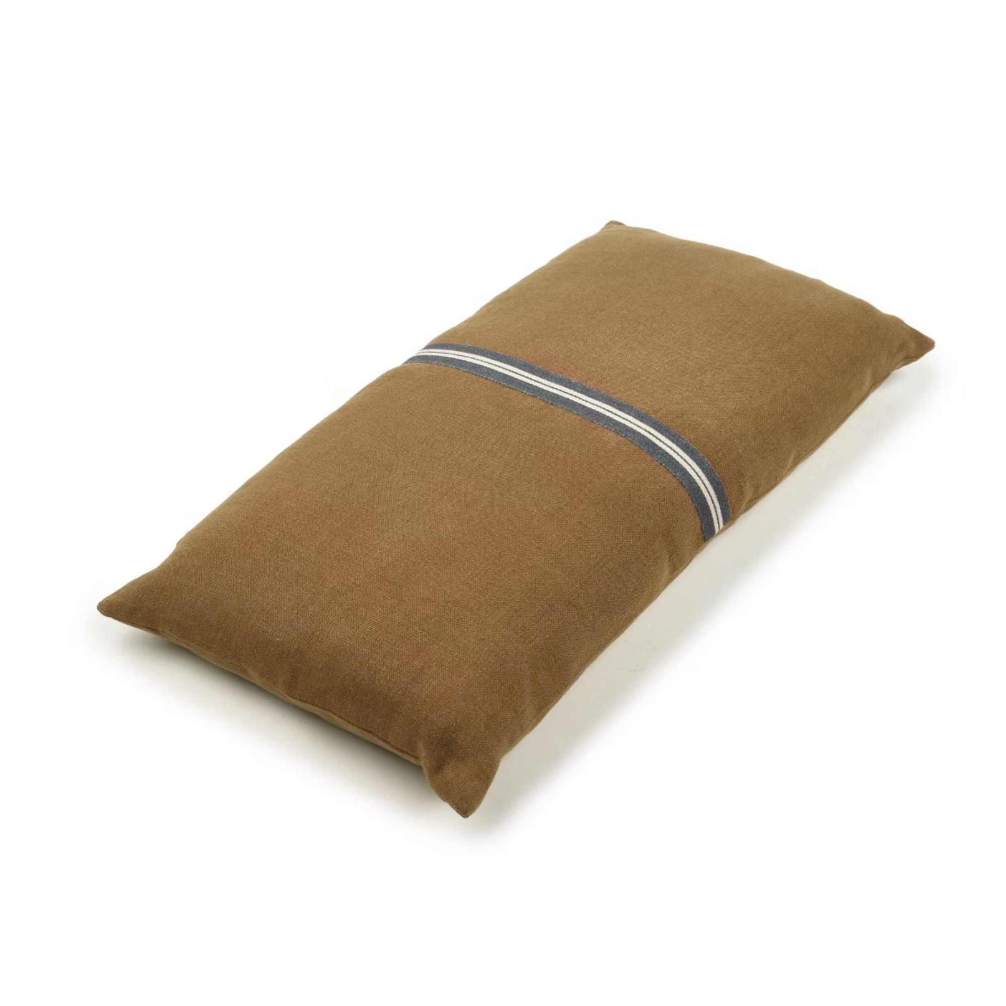 The Miles Pillow by Libeco Home is a rectangular oak-colored pillow featuring a blue and white horizontal stripe across the center, shown on a white background.