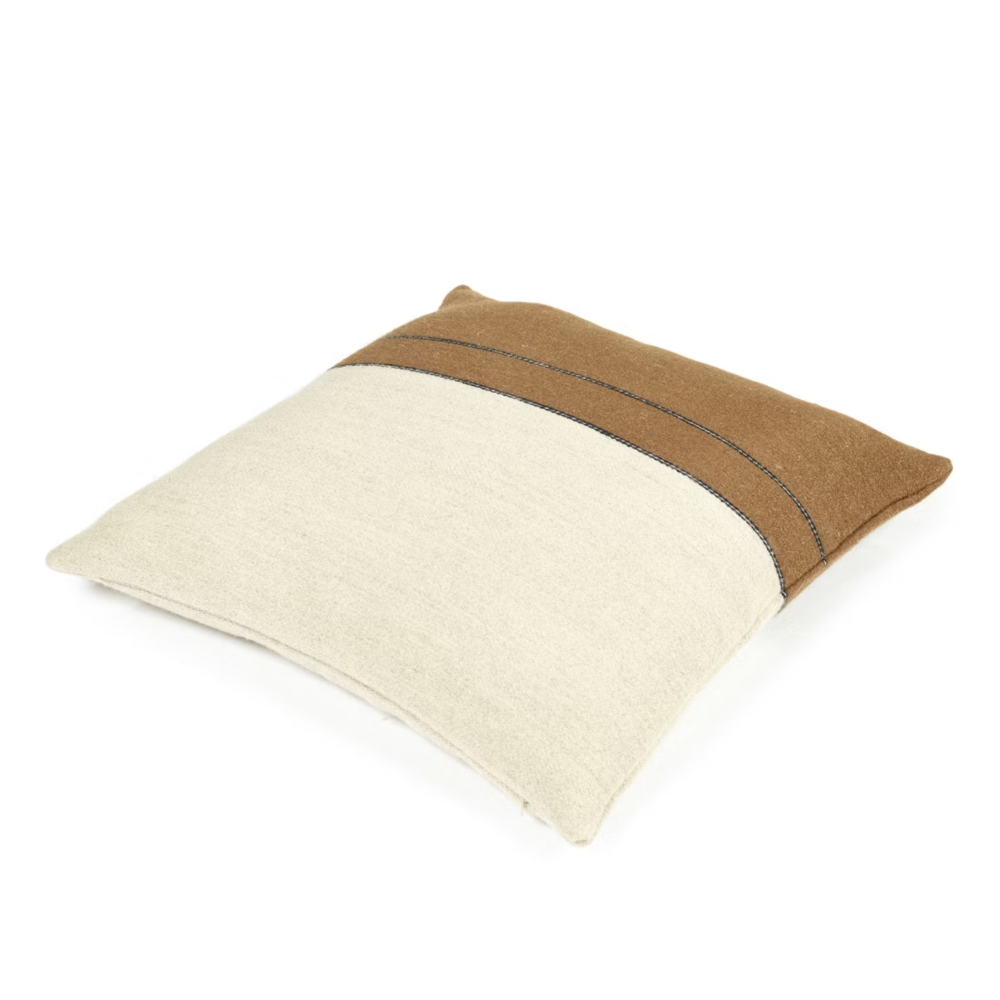 The Gus Pillow by Libeco Home is a square throw pillow with a two-tone design—light beige on the bottom, brown on top—separated by dark brown stitched lines. It pairs easily with other luxurious pillows or your favorite insert.