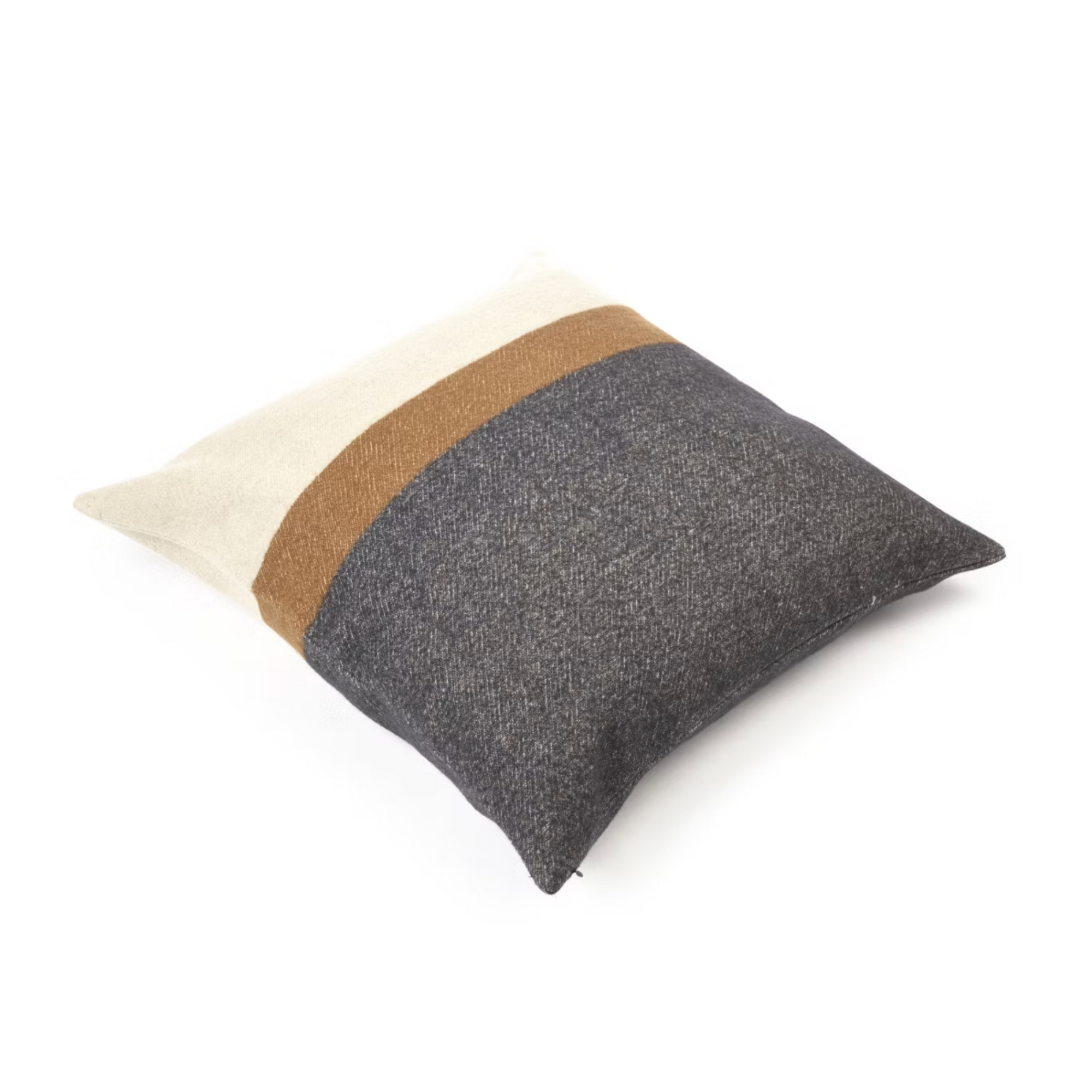 The Nash Pillow by Libeco Home is a square throw pillow made of linen and wool, showcasing three horizontal color blocks: cream on top, a brown stripe in the center, and dark gray at the base—reminiscent of rich arabica hues.