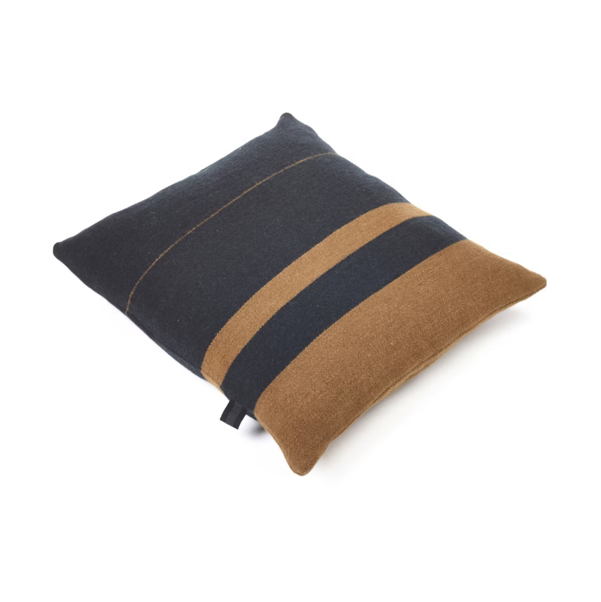 The Oscar Pillow by Libeco Home is a rectangular linen/wool pillow with a black base and wide brown stripes, offering rich texture. It measures 25x25 and is shown on a flat white surface.