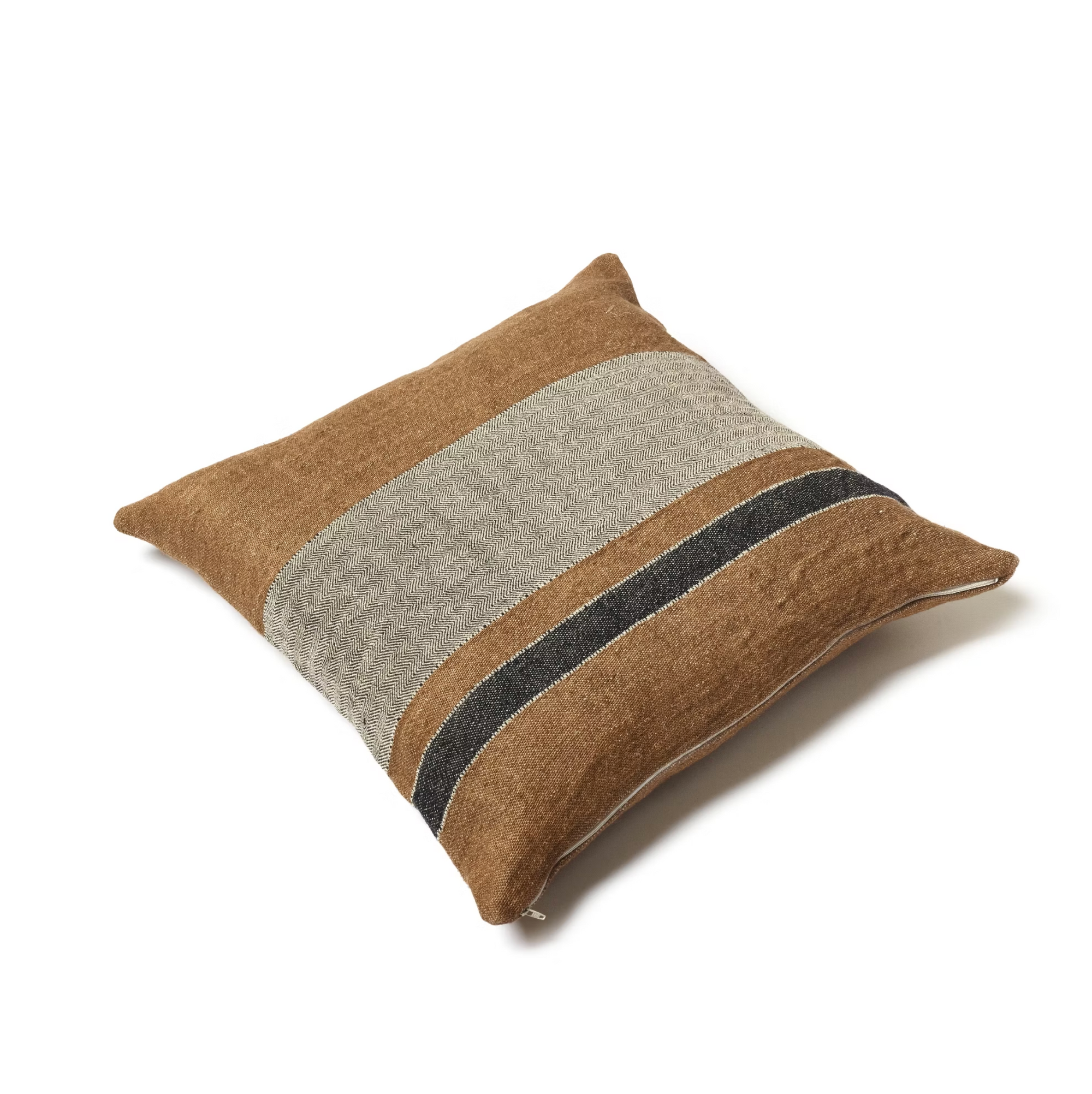 The Belgian Pillow by Libeco Home is a square throw pillow with a brown and gray color block design and two black horizontal stripes, making it a stylish, high-quality addition to your home decor. Shown on a plain white background.