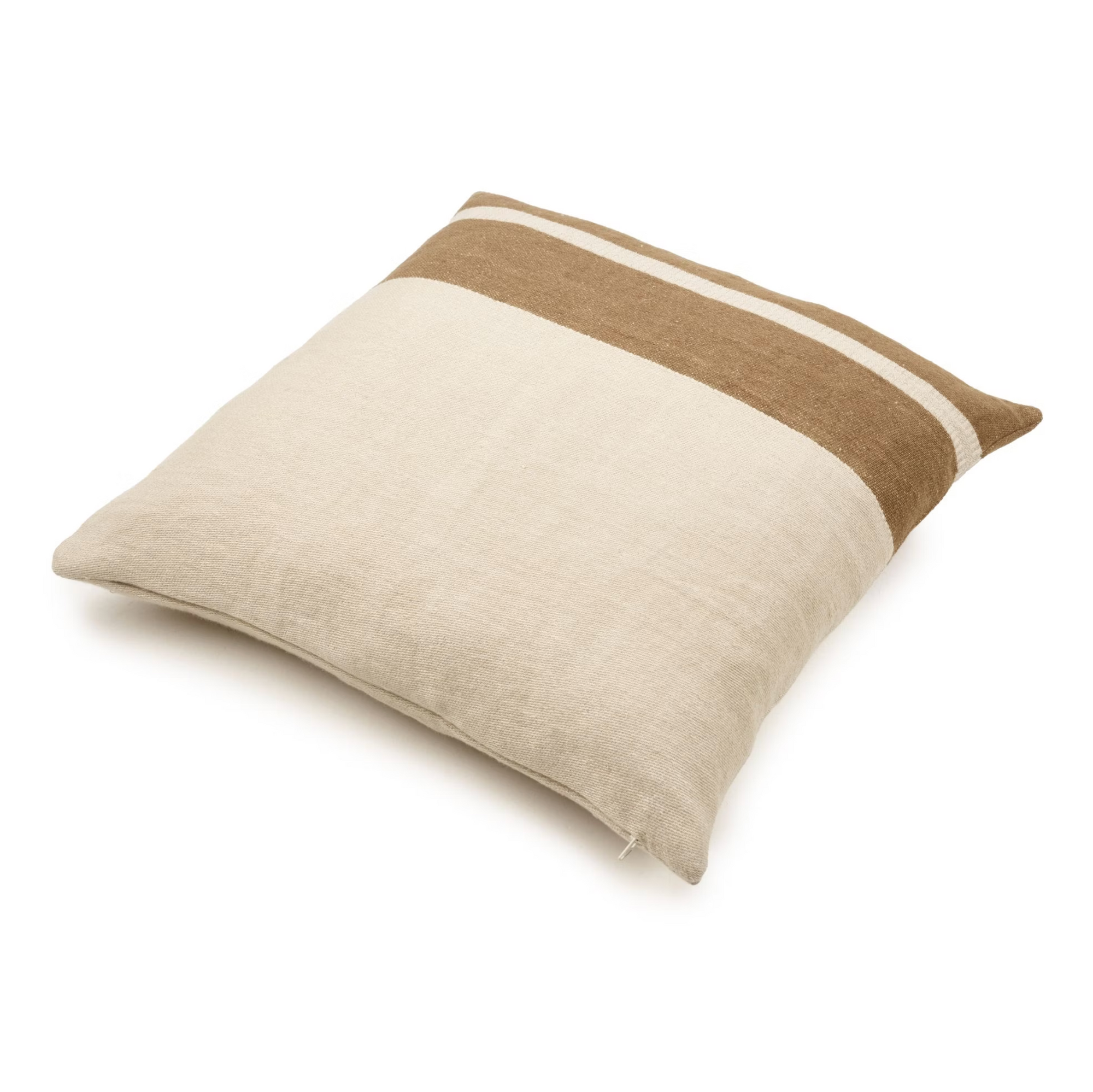 The Belgian Pillow by Libeco Home features a premium beige cover with two horizontal brown stripes near the edge—an elegant square accent to elevate your home decor.