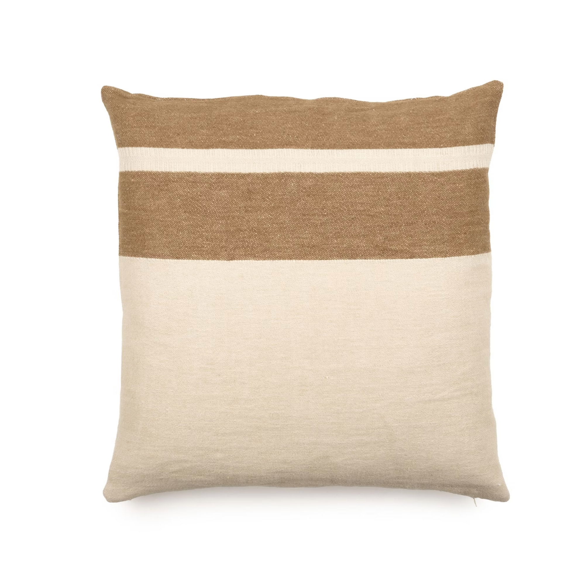 The Belgian Pillow by Libeco Home is a square throw pillow featuring a wide brown stripe near the top and a larger off-white section below—an elegant choice to elevate your home decor.