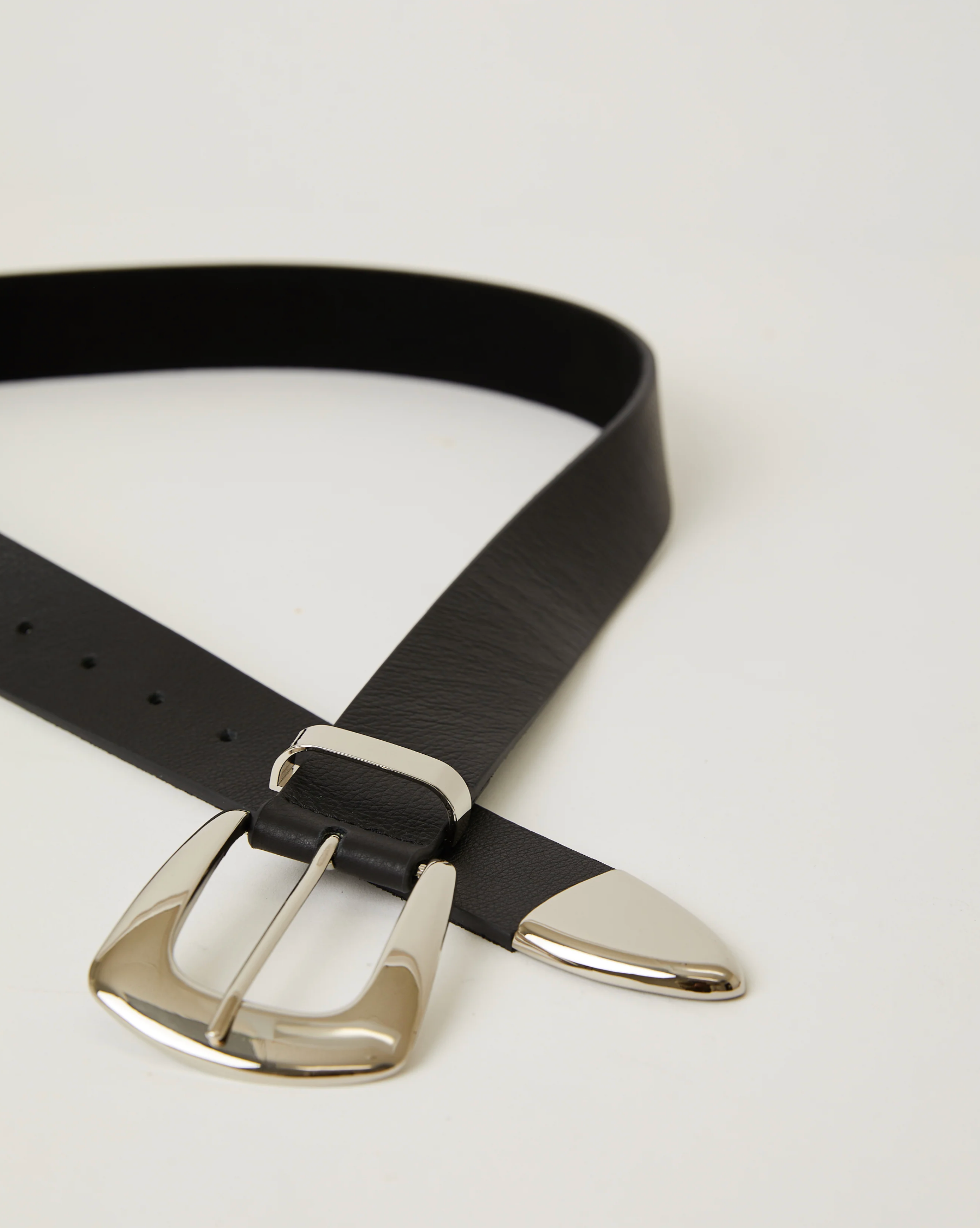 The Jordana Mini by B-Low The Belt is a genuine black leather Western belt with a silver buckle and matching tip, shown on a plain white background.
