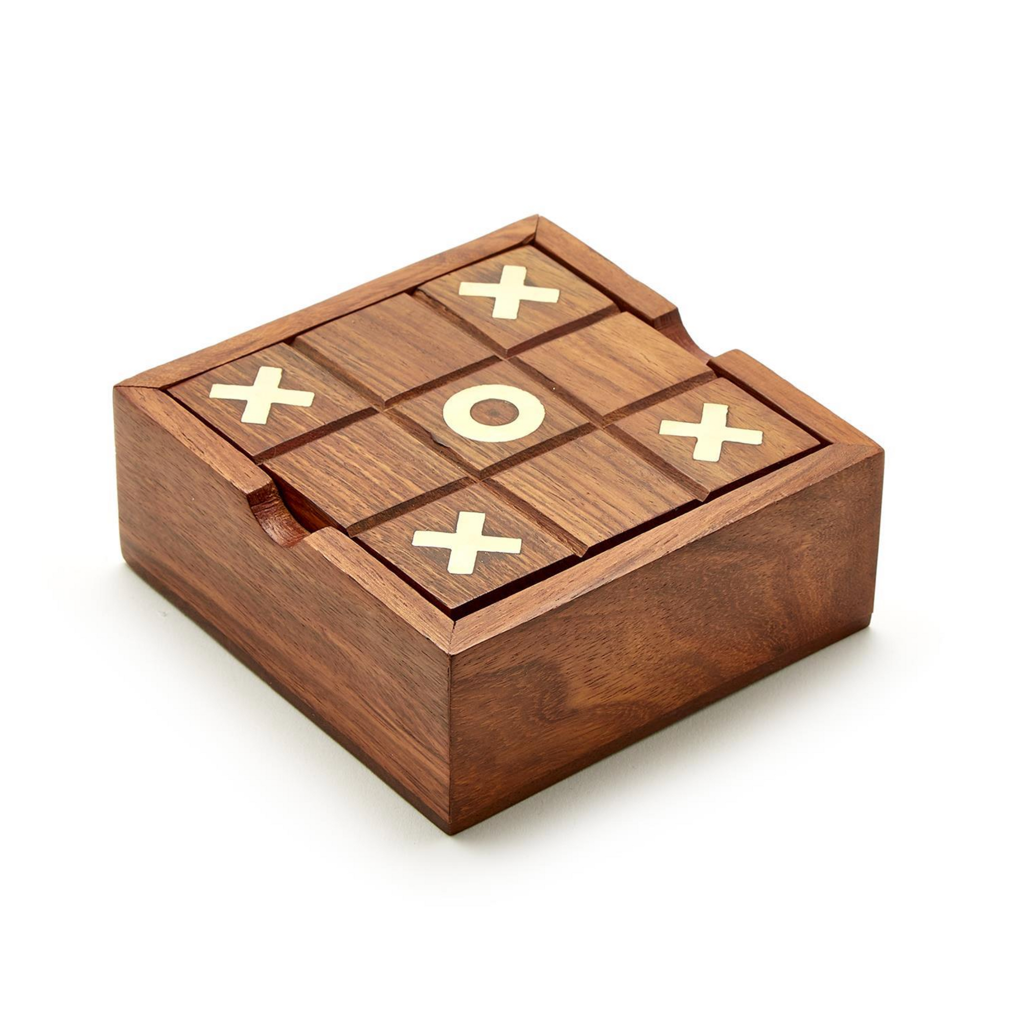 The Two's Company 2 in 1 Tick Tac Toe and Solitaire set features a wooden acacia board with cream X and O pieces, displayed on a plain white background.