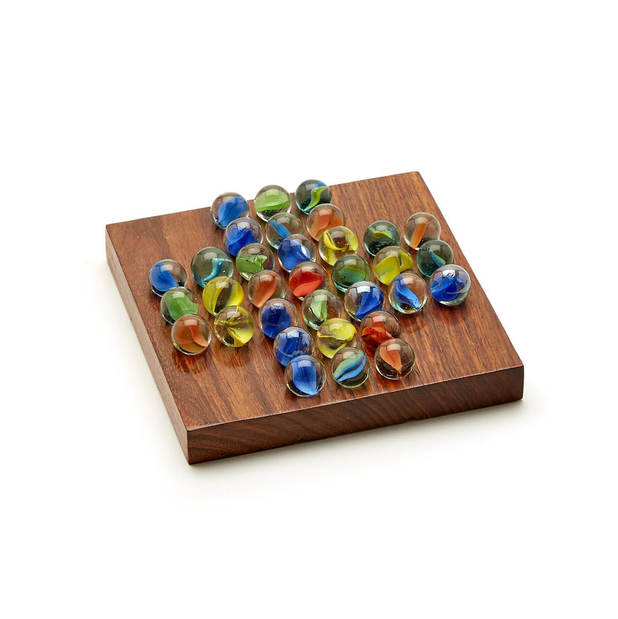 The Two's Company 2 in 1 Tick Tac Toe and Solitaire features a wooden acacia board with vibrant blue, green, yellow, and orange glass marbles—an eye-catching game set that's a perfect holiday gift.